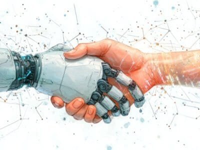 Watercolor style illustration of a robotic AI hand shaking hands with a human hand
