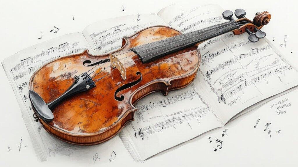 Watercolor art of violin resting on open sheet music book.