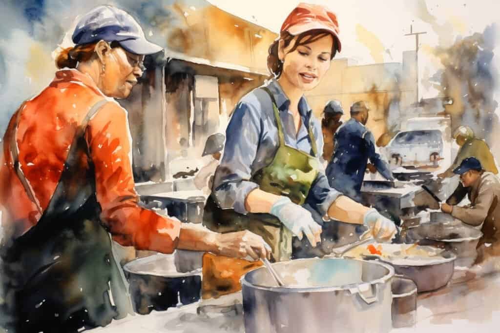 Watercolor painting of volunteers preparing food outdoors