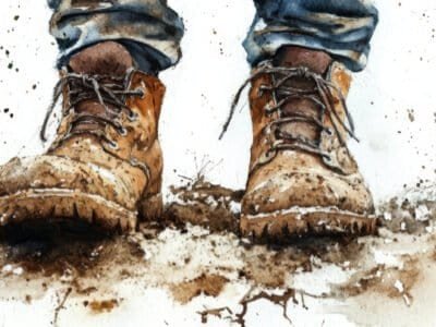 A pair of worn, muddy work boots representing consistent effort and hard work.