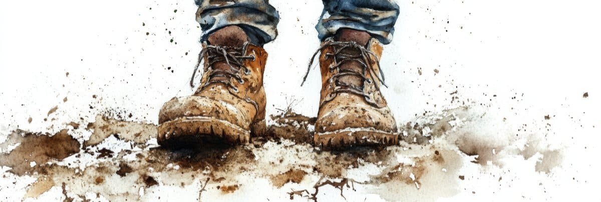 A pair of worn, muddy work boots representing consistent effort and hard work.