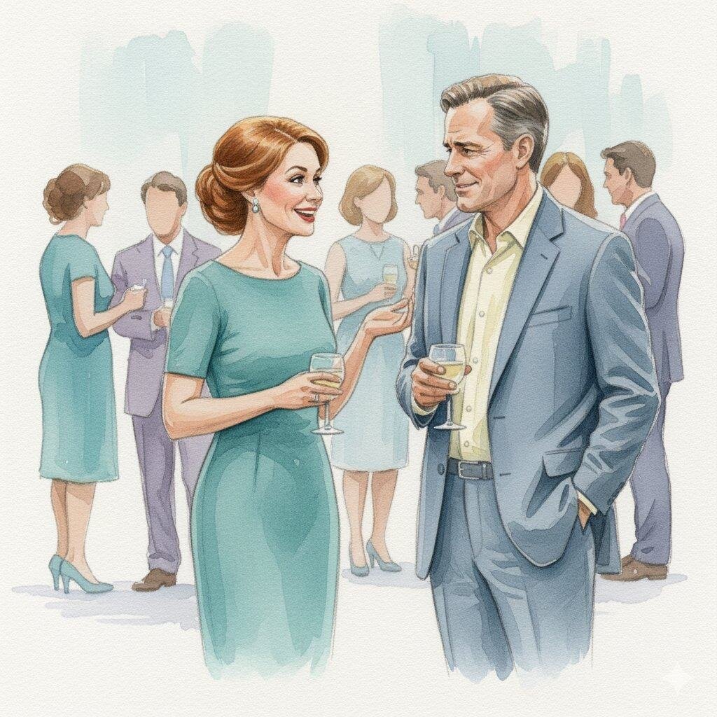 Watercolor of two people having conversation at social gathering, one appearing engaged but slightly tense.