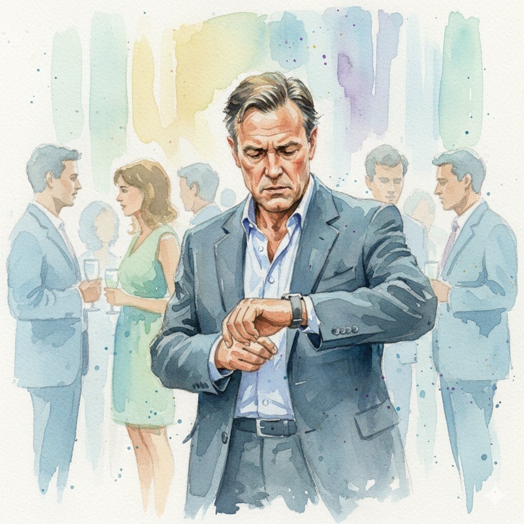 Watercolor of a 50 something guy checking his watch alone at a social gathering.