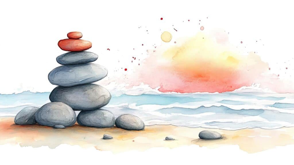 A stack of zen rocks balanced on a beach with a sunrise and waves in the background.