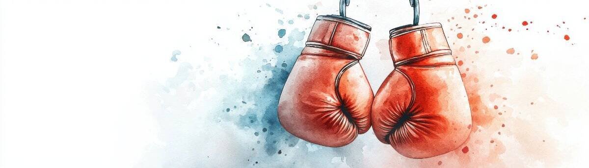 A pair of boxing gloves hanging against a watercolor background.