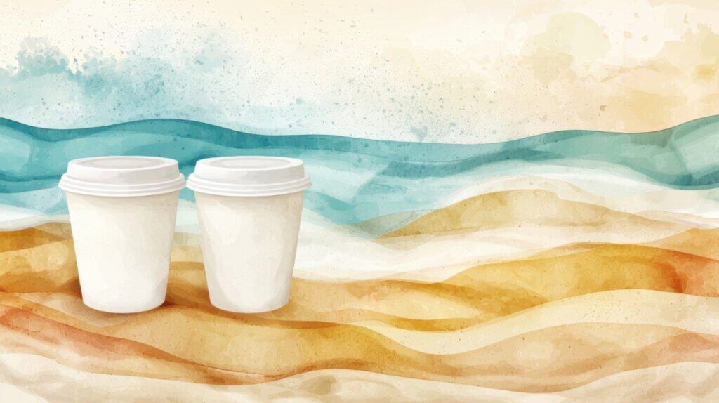 Close-up of two paper coffee cups left on the beach with the sea in the background.