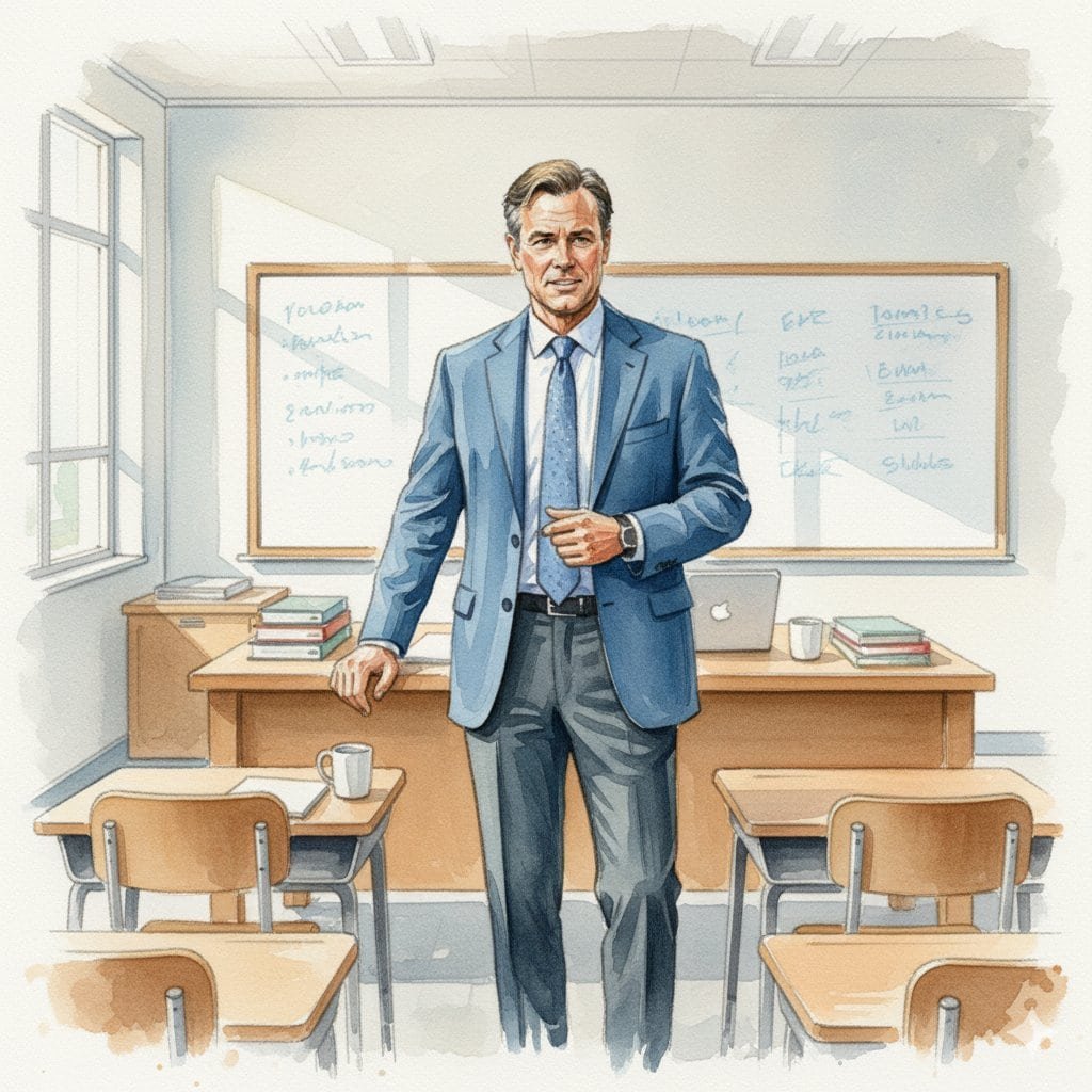 Teacher standing confidently in classroom