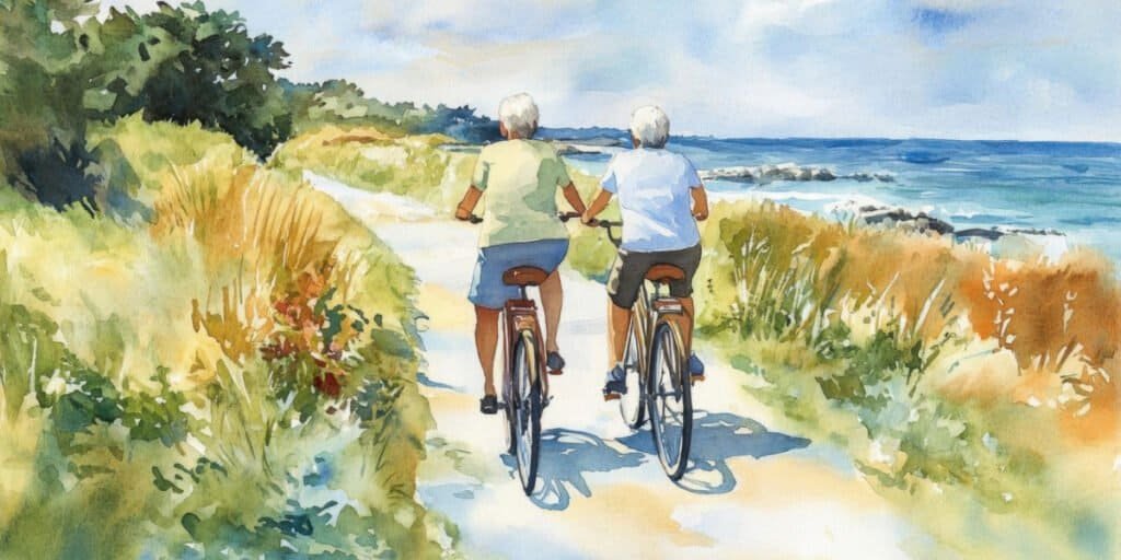 Watercolor of a couple riding bicycles along a path by the sea.