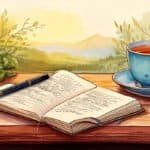 What Daily Practice Changed Your Life? (All About You #2) Morning journaling scene with a watercolor notebook, pen, and cup of tea.