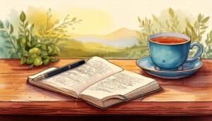 Morning journaling scene with a watercolor notebook, pen, and cup of tea.