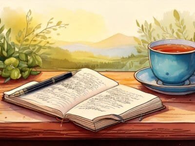 Morning journaling scene with a watercolor notebook, pen, and cup of tea.