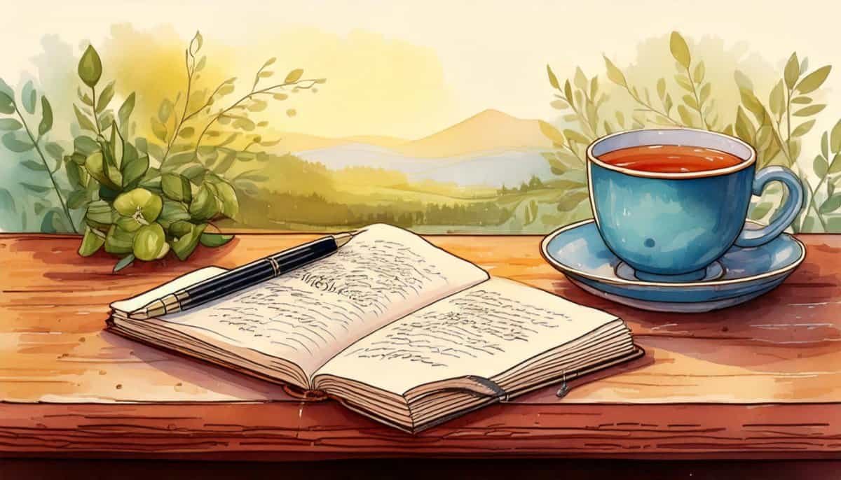 Morning journaling scene with a watercolor notebook, pen, and cup of tea.