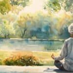 Still Learning Balance After 50 (What's Working So Far) An elderly person practicing yoga in a peaceful park in watercolor