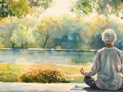 An elderly person practicing yoga in a peaceful park in watercolor