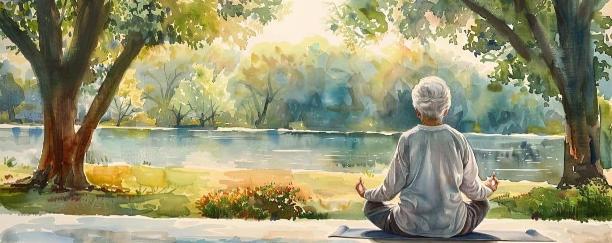 An elderly person practicing yoga in a peaceful park in watercolor