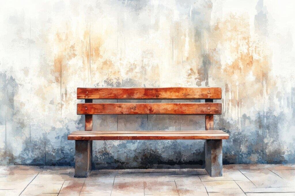 Watercolor style painting of a park bench against a wall