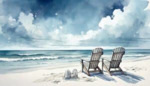 Minimalist watercolor beach scene with two empty wooden chairs
