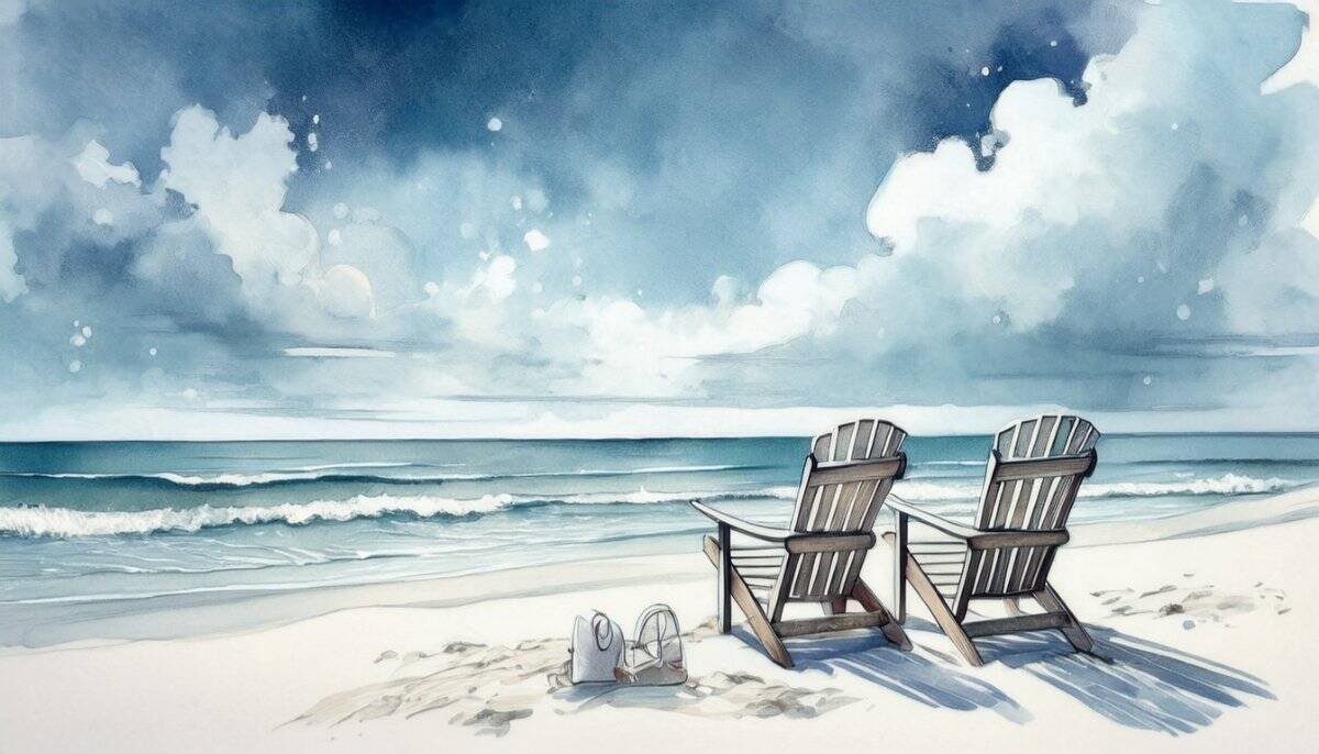Minimalist watercolor beach scene with two empty wooden chairs
