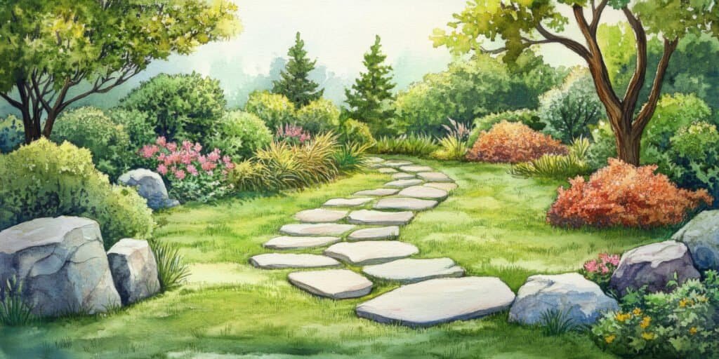 A lush peaceful garden with stepping stone path, portraying a peaceful place where you might find balance after 50.