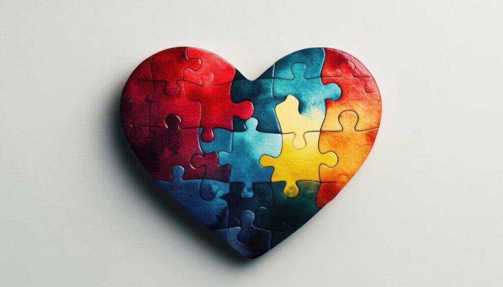 A whole heart made up of perfectly fitting, differently colored puzzle pieces.