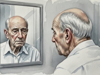 Watercolor painting of an elderly man standing in front of a mirror, observing his reflection in deep thought.