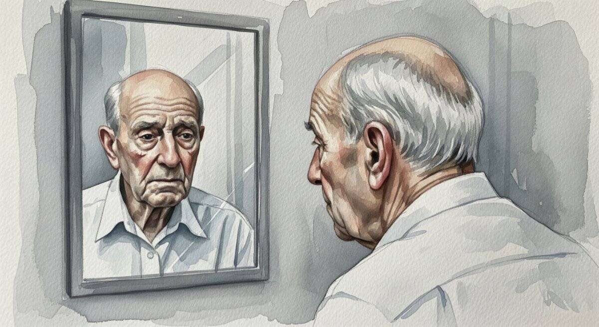 Watercolor painting of an elderly man standing in front of a mirror, observing his reflection in deep thought.