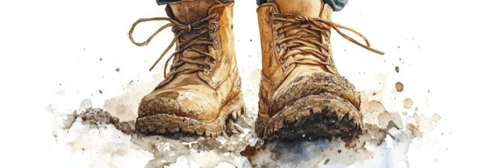 A close-up of a pair of muddy work or hiking boots in the mud