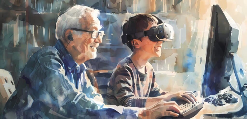 Watercolor illustration of an elderly man and a teenage boy playing computer games