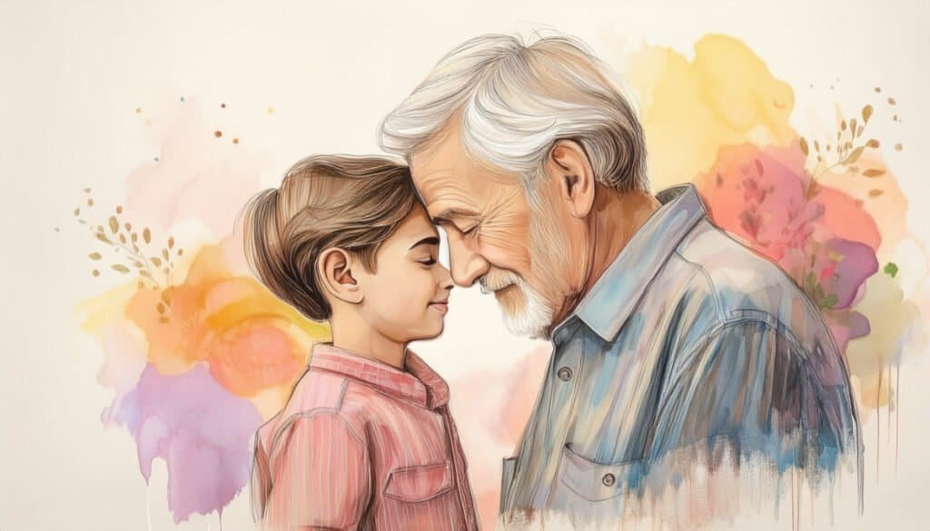 An old man and young boy touching foreheads.