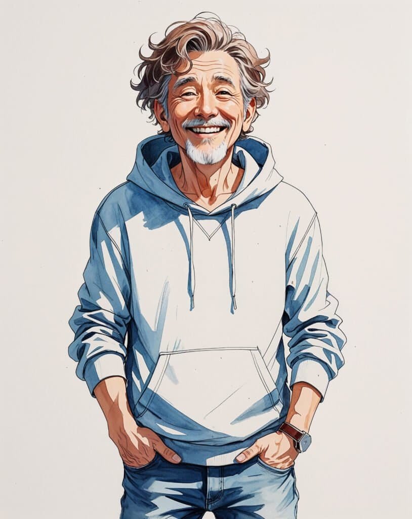 Illustration of older guy wearing casual hoodie and jeans