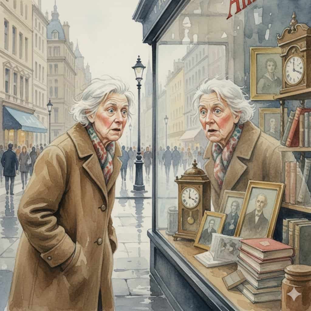 Illustration of an older woman surprised at her reflection in shop window