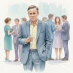 When You're Great at Your Job But Terrible at the Office Party Watercolor of a 50 something guy standing awkwardly at a social gathering, holding a drink, with blurred figures in background