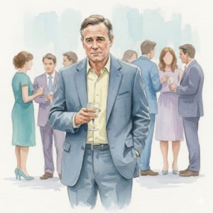 Watercolor of a 50 something guy standing awkwardly at a social gathering, holding a drink, with blurred figures in background