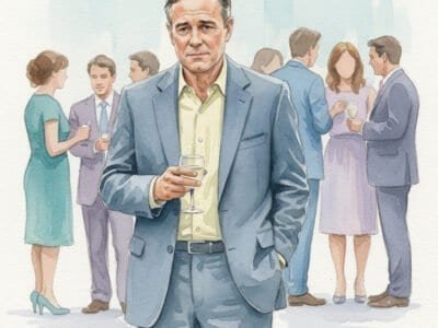 Watercolor of a 50 something guy standing awkwardly at a social gathering, holding a drink, with blurred figures in background