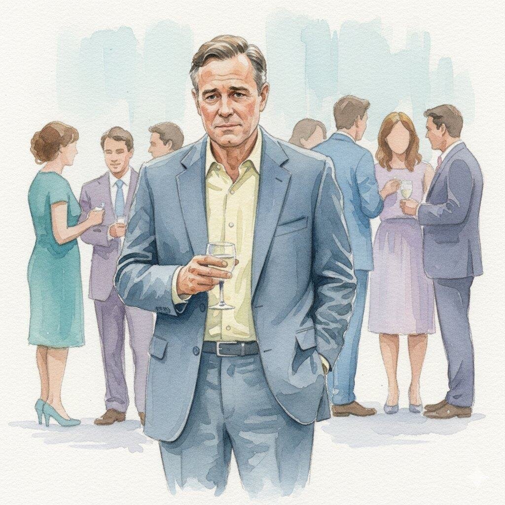 Watercolor of a 50 something guy standing awkwardly at a social gathering, holding a drink, with blurred figures in background