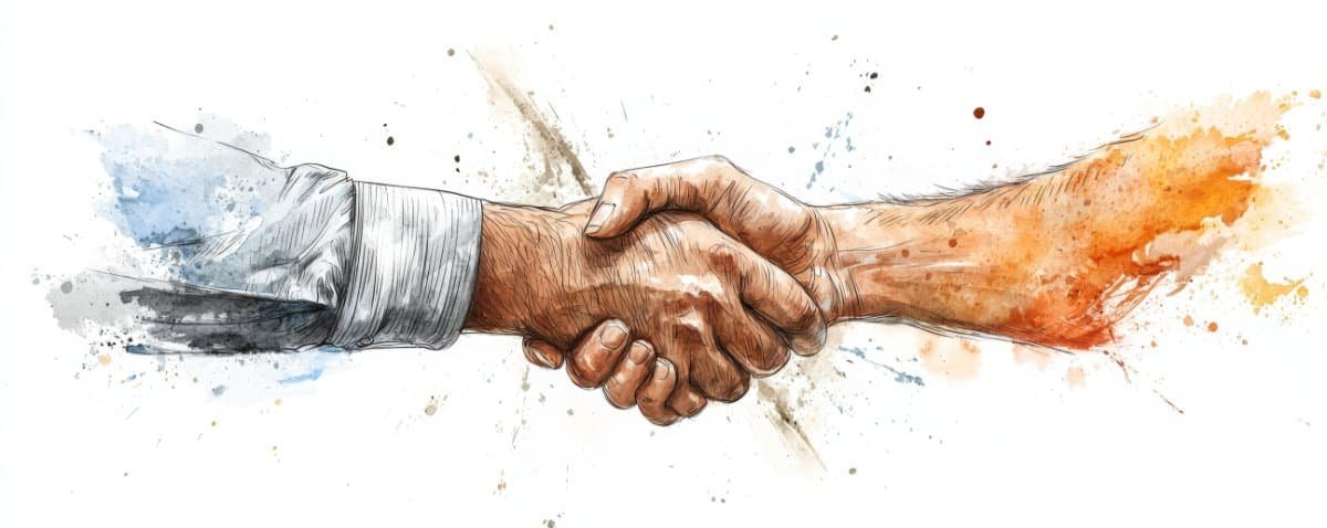 A watercolor illustration of two hands shaking, symbolizing agreement or negotiation.