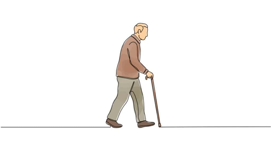 One line doodle drawing with watercolor fill of elderly person walking with cane