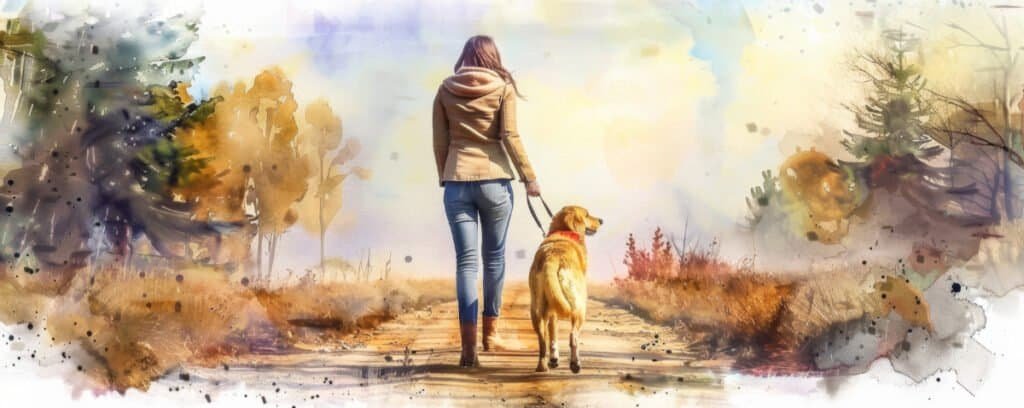 A woman peacefully walking her dog on a serene autumn path surrounded by autumn foliage - in watercolor.