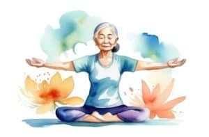 Watercolor illustration of older Asian woman doing Yoga