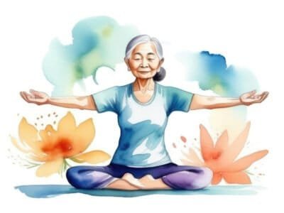Watercolor illustration of older Asian woman doing Yoga