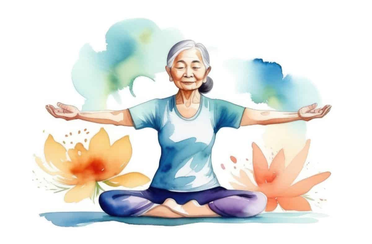 Watercolor illustration of older Asian woman doing Yoga