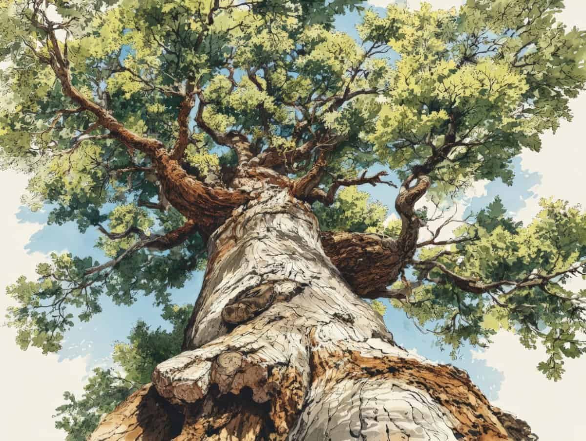 A towering, ancient oak tree with a gnarled trunk, standing firm and reaching skyward.