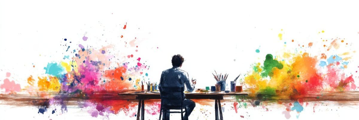 Watercolor of an artist sitting at a desk with a blank canvas, surrounded by colorful paint splatters, exploring his creativity whilst chasing a dream.