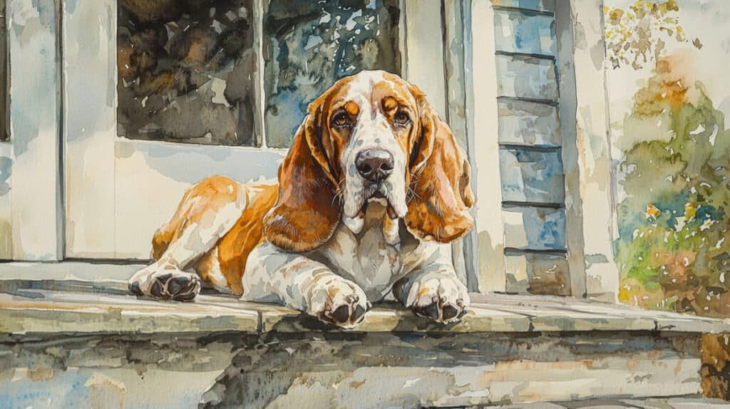 Watercolor old Basset Hound sitting on a porch, solitary, observing, and content.