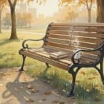 The Relief of No Longer Being in the Game Watercolor of Peaceful empty park bench at golden hour with book and coffee cup resting on it (Google AI)