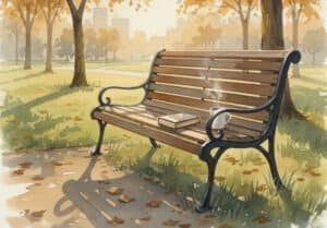 Watercolor of Peaceful empty park bench at golden hour with book and coffee cup resting on it (Google AI)