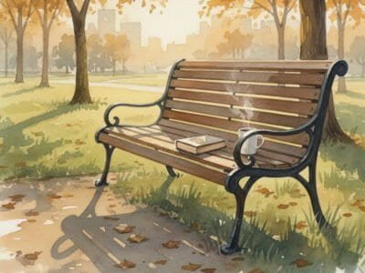 Watercolor of Peaceful empty park bench at golden hour with book and coffee cup resting on it (Google AI)