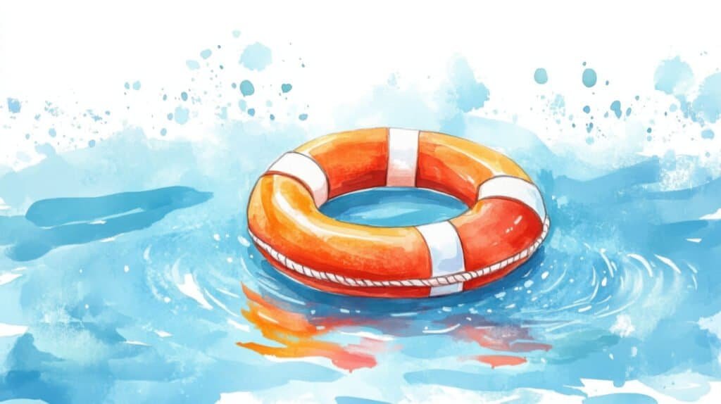 A bright orange lifebuoy floating on water.
