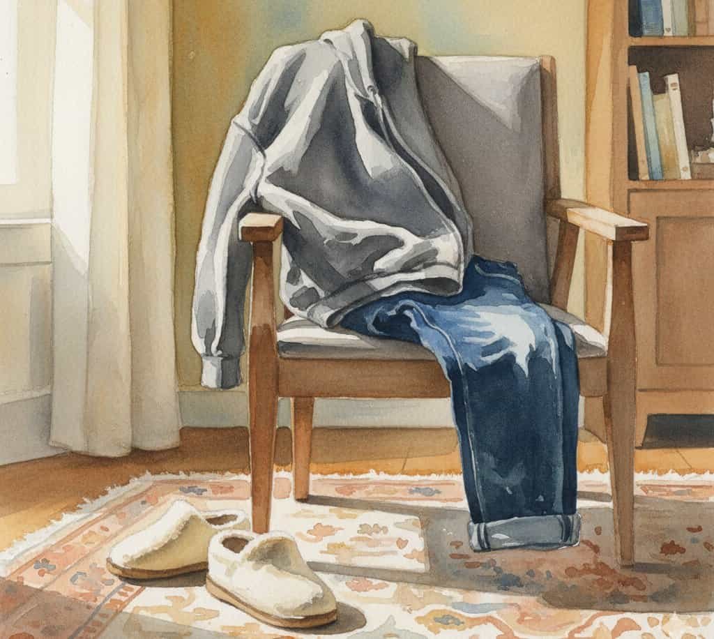 Casual old jeans and hoodie thrown over chair