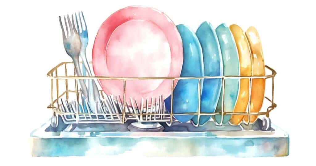 Watercolor Illustration of Clean Dishes in a Drying Rack